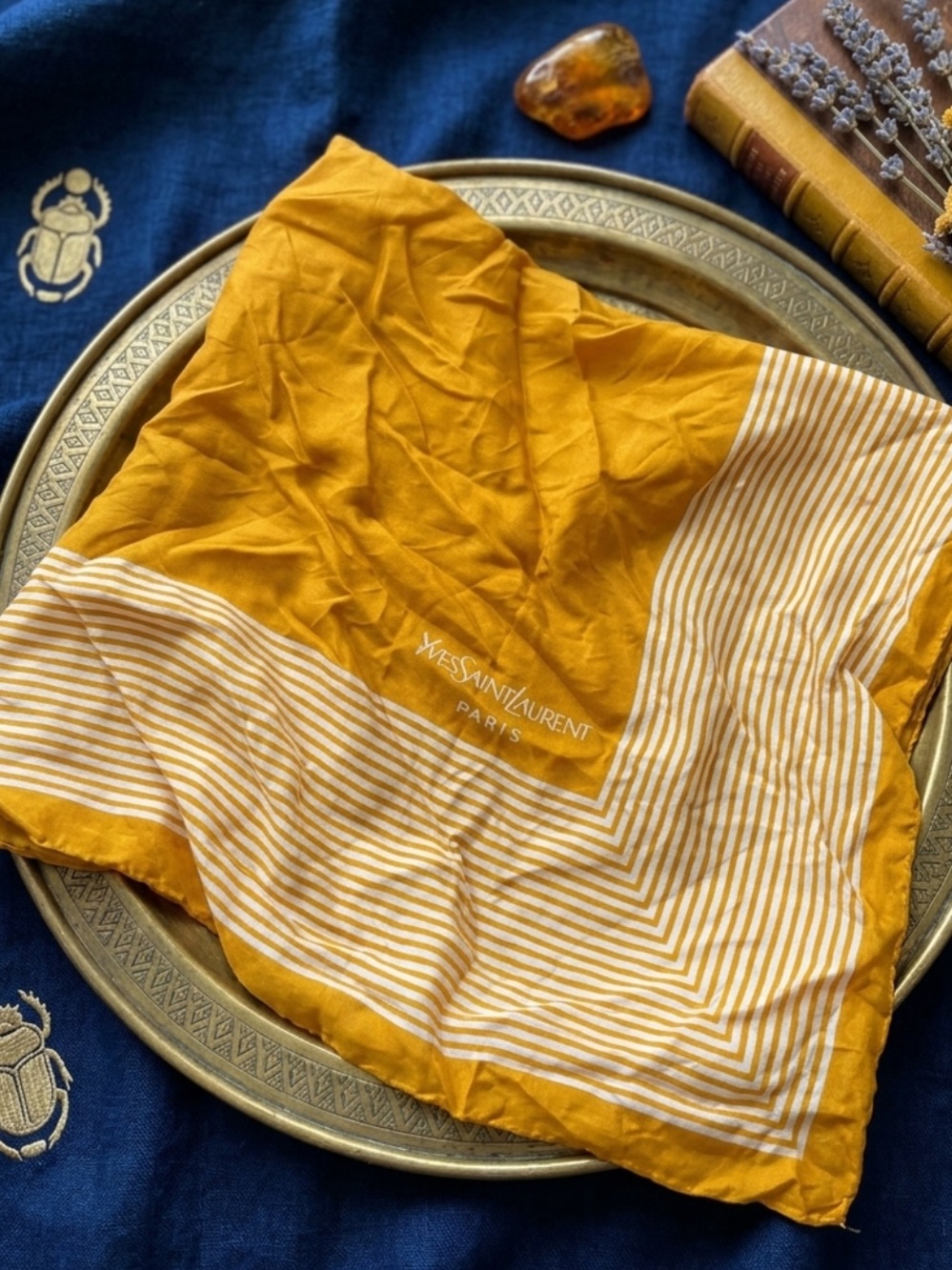 Yves Saint Laurent Vintage Mustard Yellow Striped Silk Square Scarf OS